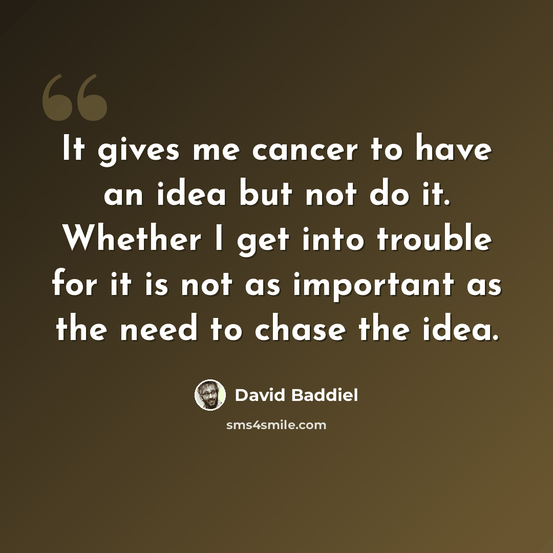 “It gives me cancer to have an idea but not do it. Whether I get into trouble for it is not as important as the need to chase the idea.” quote by David Baddiel