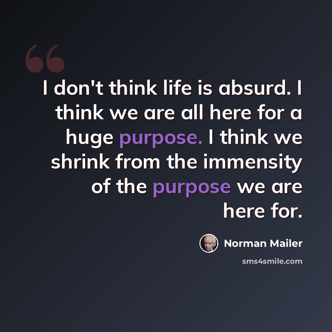“I don't think life is absurd. I think we are all here for a huge purpose. I think we shrink from the immensity of the purpose we are here for.” quote by Norman Mailer