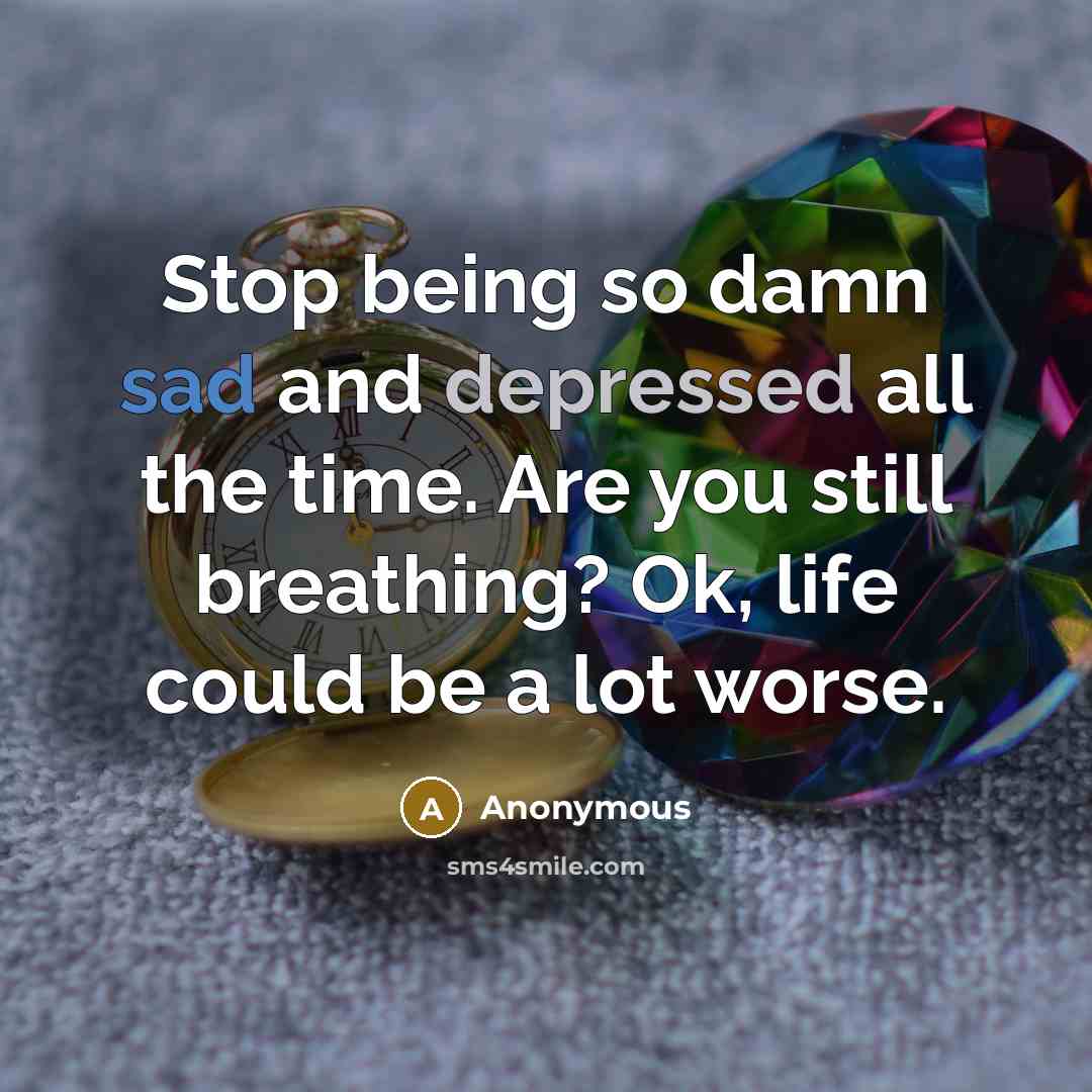 “Stop being so damn sad and depressed all the time. Are you still breathing? Ok, life could be a lot worse.” quote by Anonymous
