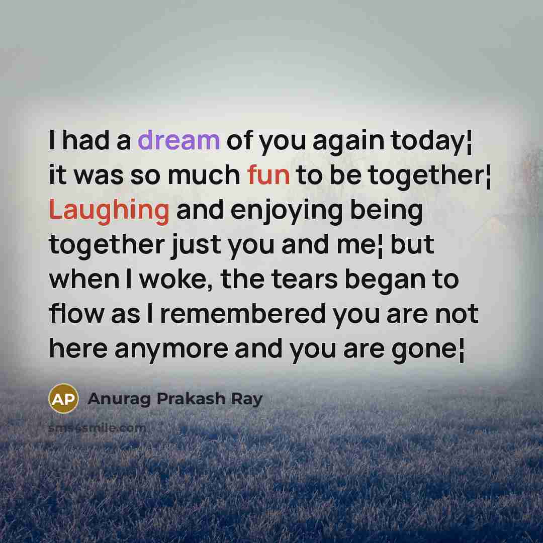 “I had a dream of you again today¦ it was so much fun to be together¦ Laughing and enjoying being together just you and me¦ but when I woke, the tears began to flow as I remembered you are not here anymore and you are gone¦” quote by Anurag Prakash Ray