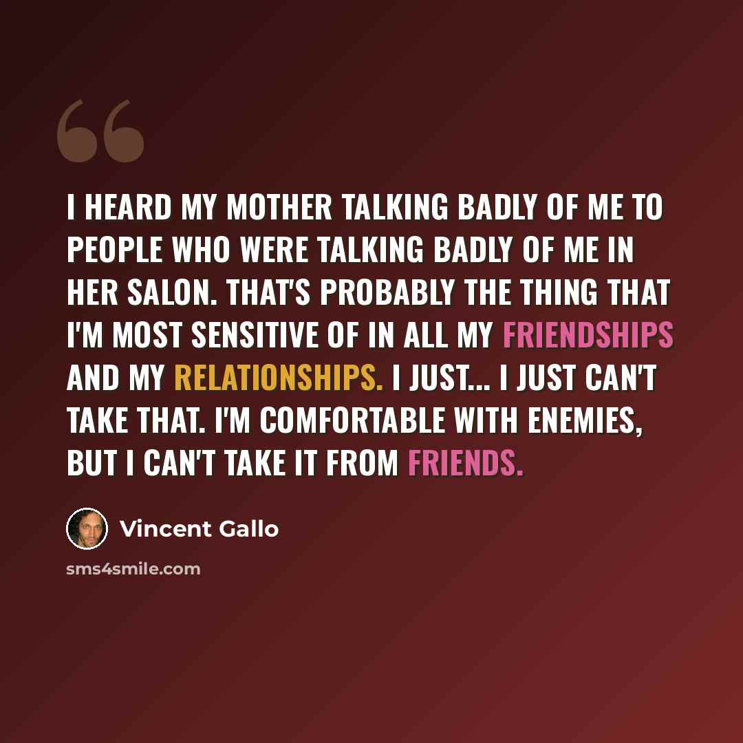 “I heard my mother talking badly of me to people who were talking badly of me in her salon. That's probably the thing that I'm most sensitive of in all my friendships and my relationships. I just... I just can't take that. I'm comfortable with enemies, but I can't take it from friends.” quote by Vincent Gallo