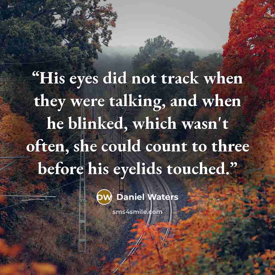 “His eyes did not track when they were talking, and when he blinked, which wasn't often, she could count to three before his eyelids touched.” quote by Daniel Waters