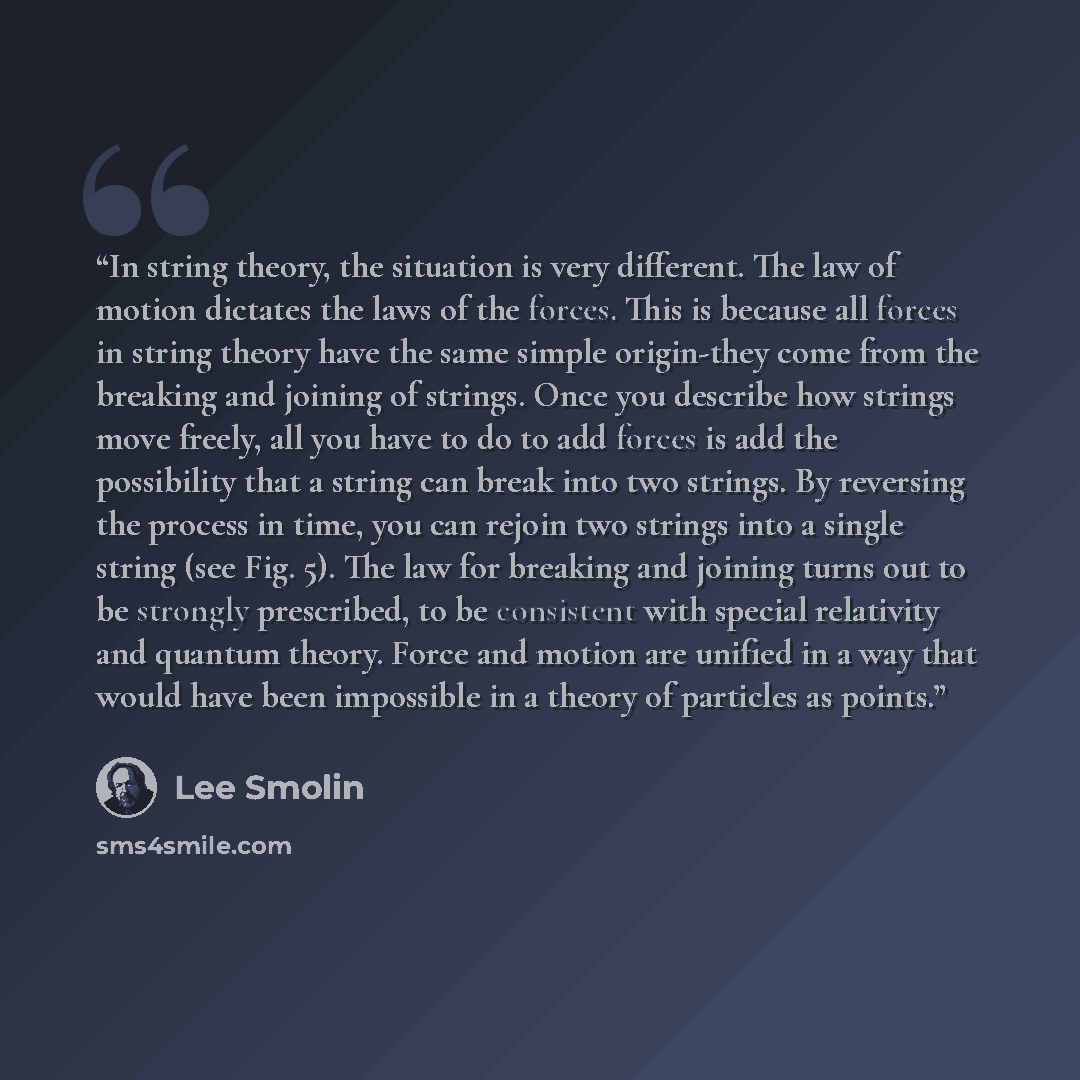 “In string theory, the situation is very different. The law of motion dictates the laws of the forces. This is because all forces in string theory have the same simple origin-they come from the breaking and joining of strings. Once you describe how strings move freely, all you have to do to add…” quote by Lee Smolin