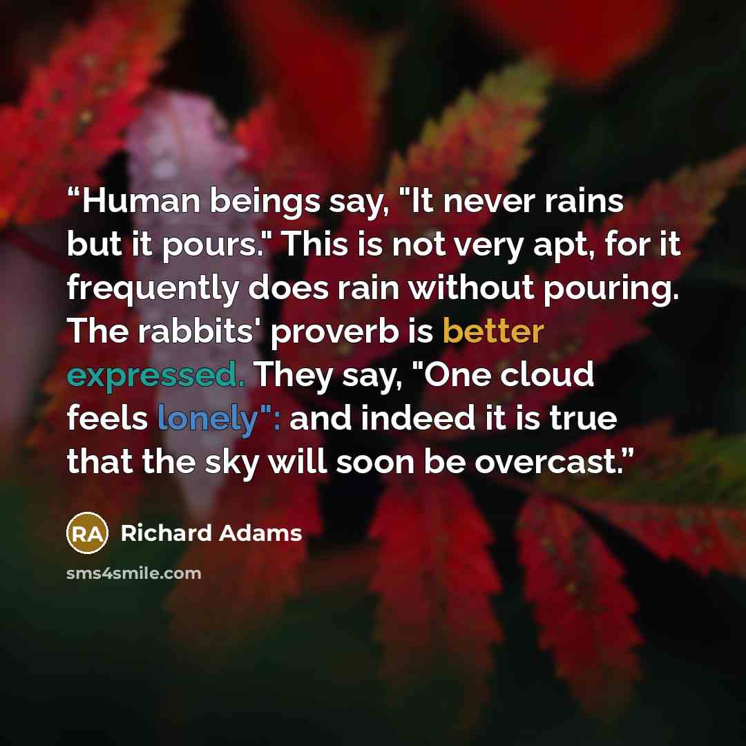 “Human beings say, "It never rains but it pours." This is not very apt, for it frequently does rain without pouring. The rabbits' proverb is better expressed. They say, "One cloud feels lonely": and indeed it is true that the sky will soon be overcast.” quote by Richard Adams