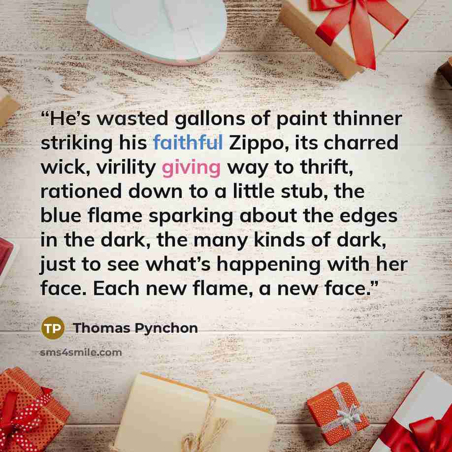 “He’s wasted gallons of paint thinner striking his faithful Zippo, its charred wick, virility giving way to thrift, rationed down to a little stub, the blue flame sparking about the edges in the dark, the many kinds of dark, just to see what’s happening with her face. Each new flame, a new face.” quote by Thomas Pynchon