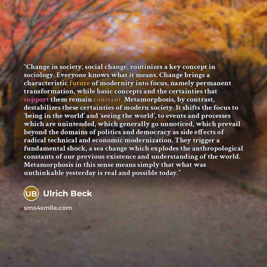 “Change in society, social change, routinizes a key concept in sociology. Everyone knows what it means. Change brings a characteristic future of modernity into focus, namely permanent transformation, while basic concepts and the certainties that support them remain constant. Metamorphosis, by…” quote by Ulrich Beck