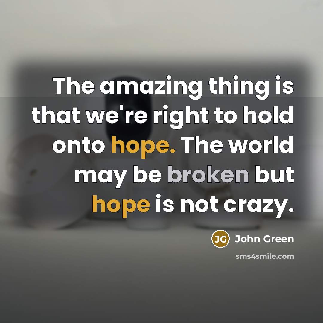 “The amazing thing is that we're right to hold onto hope. The world may be broken but hope is not crazy.” quote by John Green