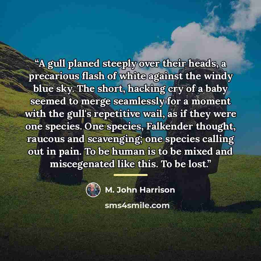 “A gull planed steeply over their heads, a precarious flash of white against the windy blue sky. The short, hacking cry of a baby seemed to merge seamlessly for a moment with the gull's repetitive wail, as if they were one species. One species, Falkender thought, raucous and scavenging; one species…” quote by M. John Harrison