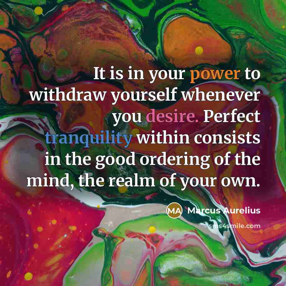 “It is in your power to withdraw yourself whenever you desire. Perfect tranquility within consists in the good ordering of the mind, the realm of your own.” quote by Marcus Aurelius