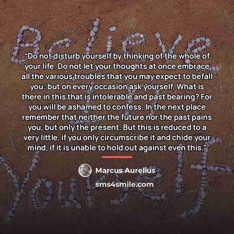 “Do not disturb yourself by thinking of the whole of your life. Do not let your thoughts at once embrace all the various troubles that you may expect to befall you: but on every occasion ask yourself, What is there in this that is intolerable and past bearing? For you will be ashamed to confess. In…” quote by Marcus Aurelius
