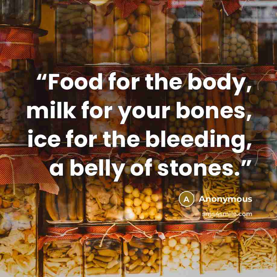 “Food for the body, milk for your bones, ice for the bleeding, a belly of stones.” quote by Anonymous