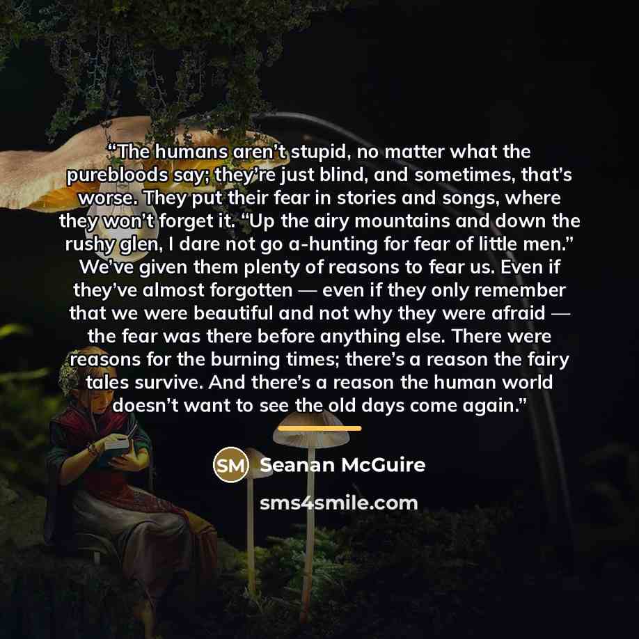 “The humans aren’t stupid, no matter what the purebloods say; they’re just blind, and sometimes, that’s worse. They put their fear in stories and songs, where they won’t forget it. “Up the airy mountains and down the rushy glen, I dare not go a-hunting for fear of little men.” We’ve given them…” quote by Seanan McGuire