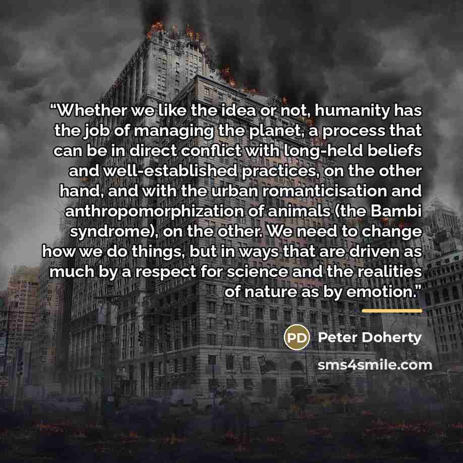 “Whether we like the idea or not, humanity has the job of managing the planet, a process that can be in direct conflict with long-held beliefs and well-established practices, on the other hand, and with the urban romanticisation and anthropomorphization of animals (the Bambi syndrome), on the…” quote by Peter Doherty