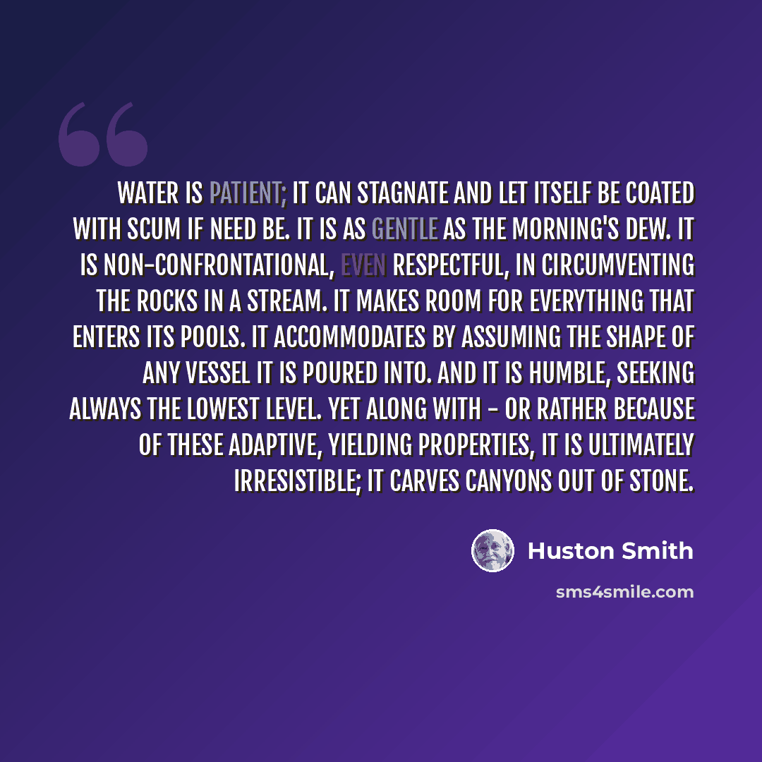 “Water is patient; it can stagnate and let itself be coated with scum if need be. It is as gentle as the morning's dew. It is non-confrontational, even respectful, in circumventing the rocks in a stream. It makes room for everything that enters its pools. It accommodates by assuming the shape of…” quote by Huston Smith