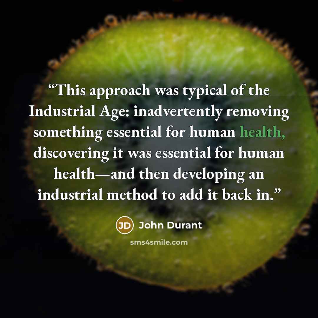 “This approach was typical of the Industrial Age: inadvertently removing something essential for human health, discovering it was essential for human health—and then developing an industrial method to add it back in.” quote by John Durant