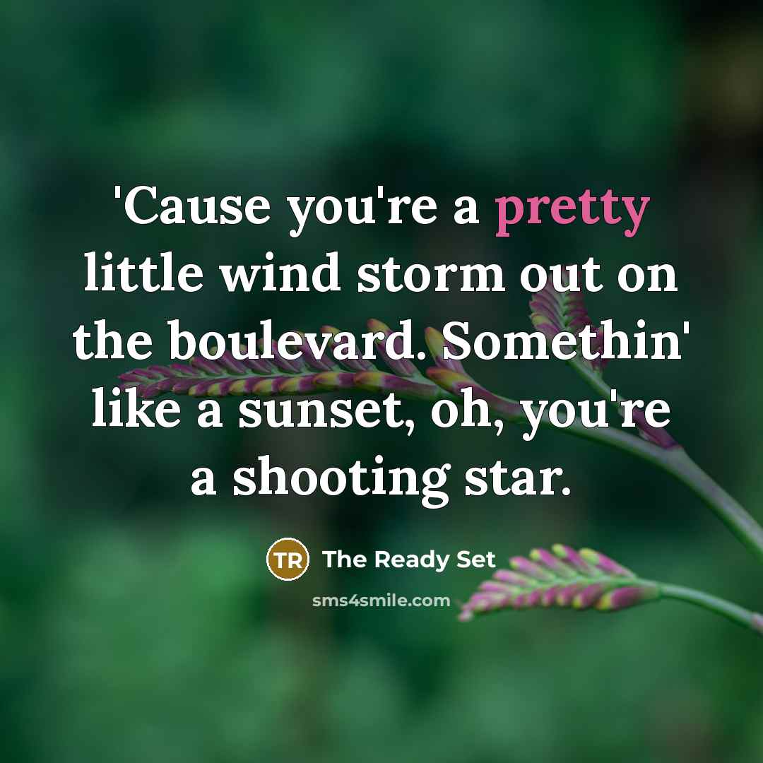 “'Cause you're a pretty little wind storm out on the boulevard. Somethin' like a sunset, oh, you're a shooting star.” quote by The Ready Set
