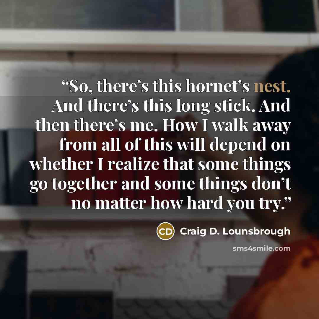 “So, there’s this hornet’s nest. And there’s this long stick. And then there’s me. How I walk away from all of this will depend on whether I realize that some things go together and some things don’t no matter how hard you try.” quote by Craig D. Lounsbrough