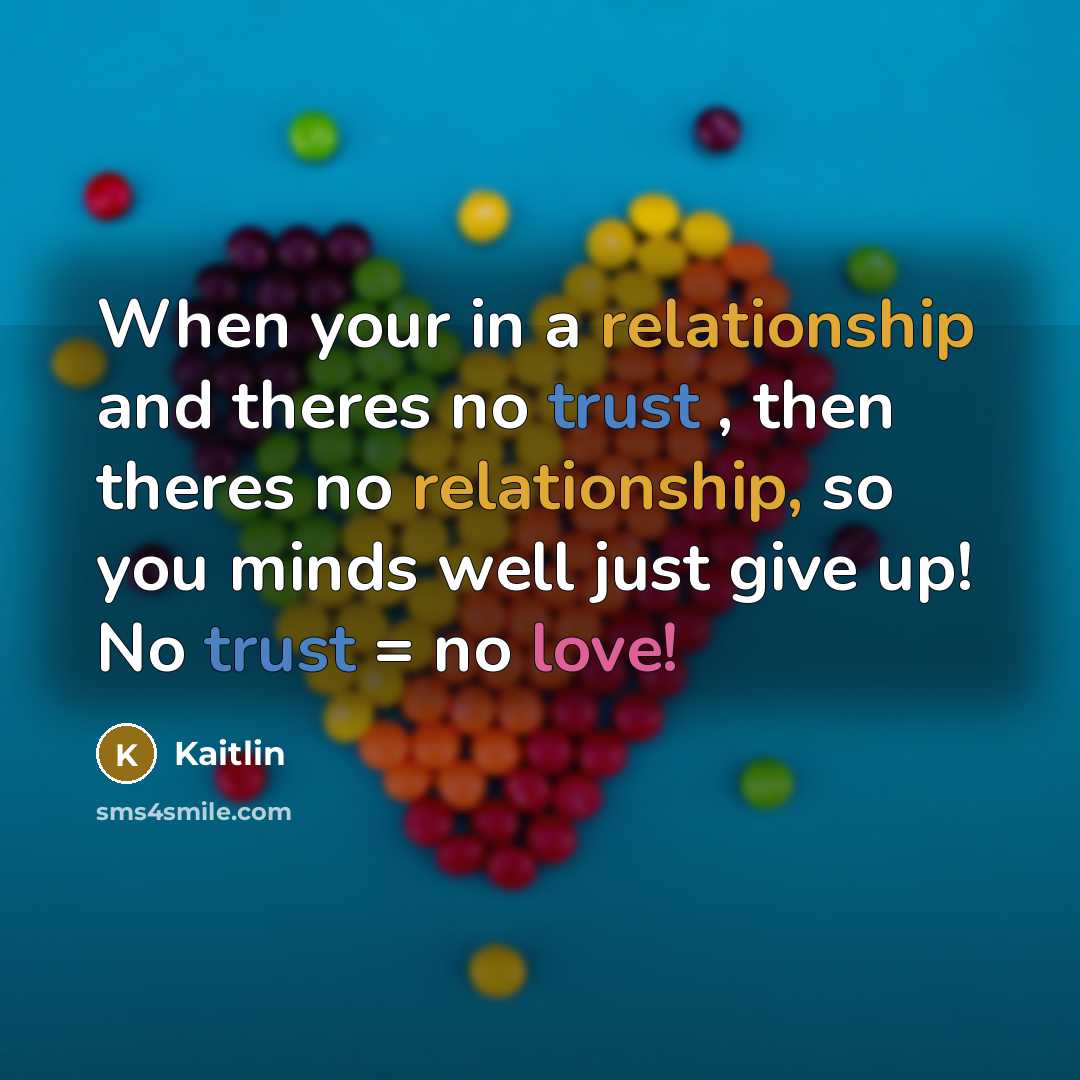 “When your in a relationship and theres no trust , then theres no relationship, so you minds well just give up! No trust = no love!” quote by Kaitlin