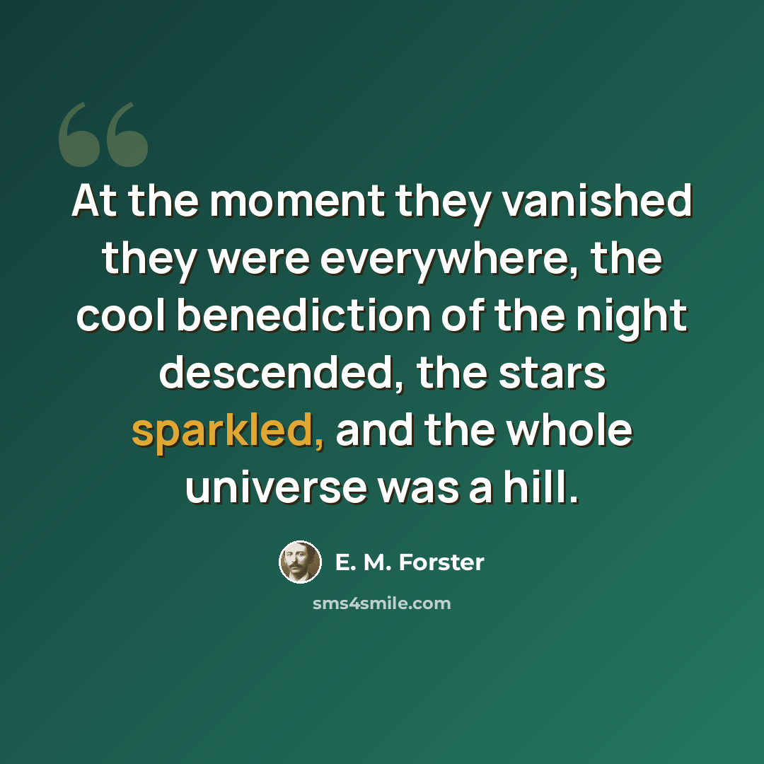 “At the moment they vanished they were everywhere, the cool benediction of the night descended, the stars sparkled, and the whole universe was a hill.” quote by E. M. Forster