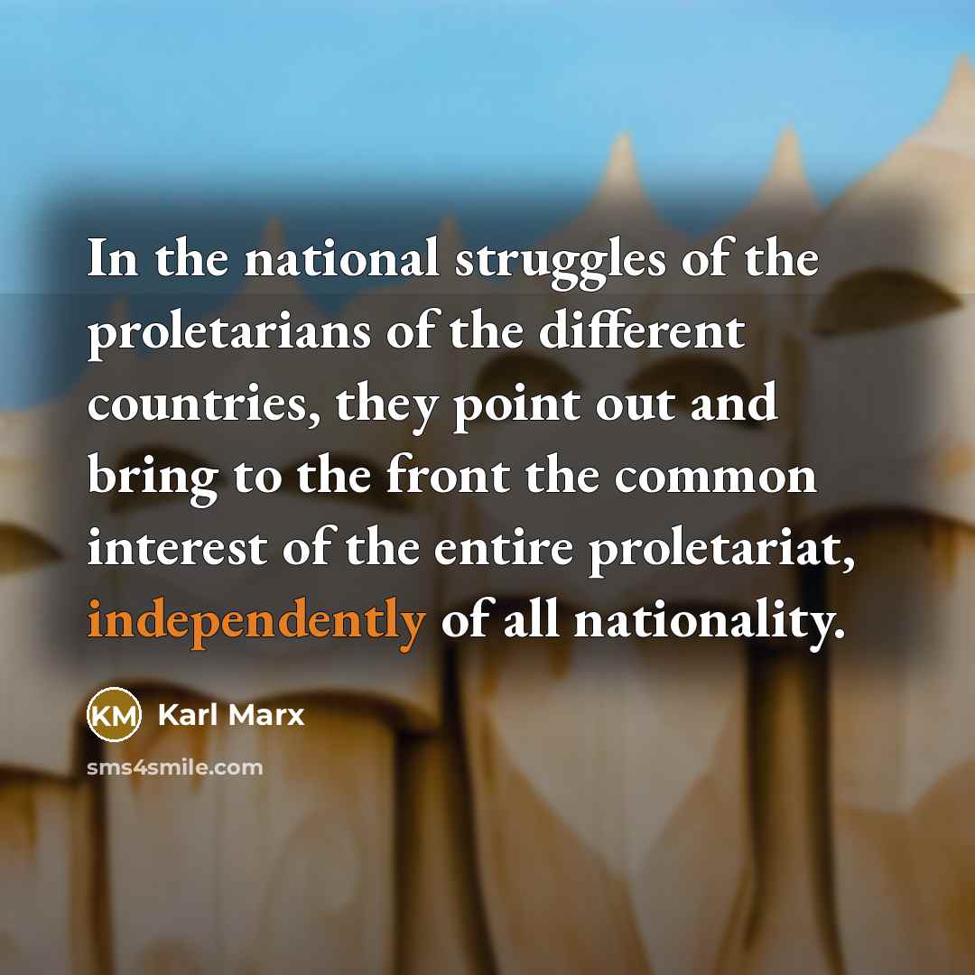 “In the national struggles of the proletarians of the different countries, they point out and bring to the front the common interest of the entire proletariat, independently of all nationality.” quote by Karl Marx