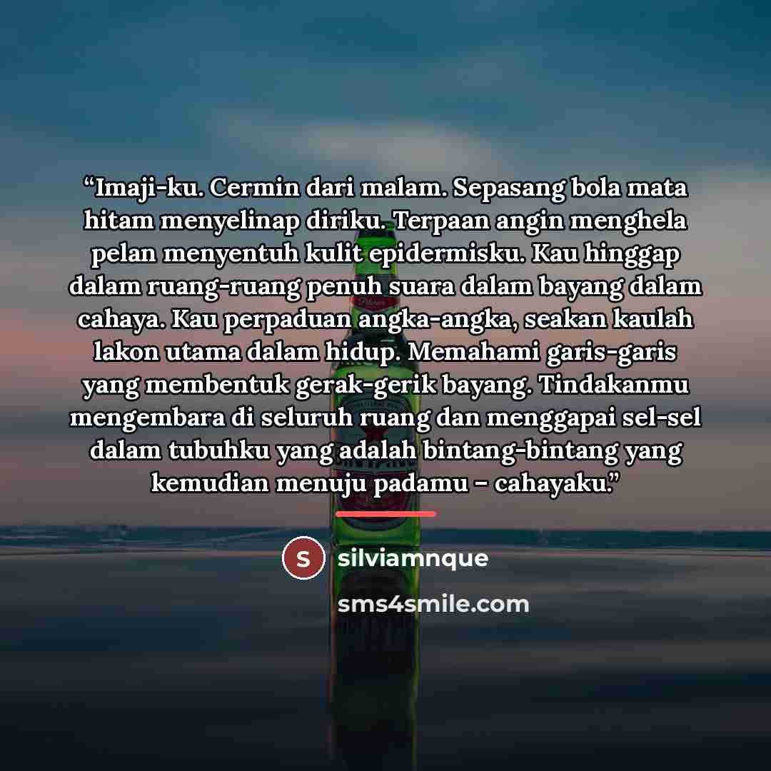“Imaji-ku. Cermin dari malam. Sepasang bola mata hitam menyelinap diriku. Terpaan angin menghela pelan menyentuh kulit epidermisku. Kau hinggap dalam ruang-ruang penuh suara dalam bayang dalam cahaya. Kau perpaduan angka-angka, seakan kaulah lakon utama dalam hidup. Memahami garis-garis yang…” quote by silviamnque