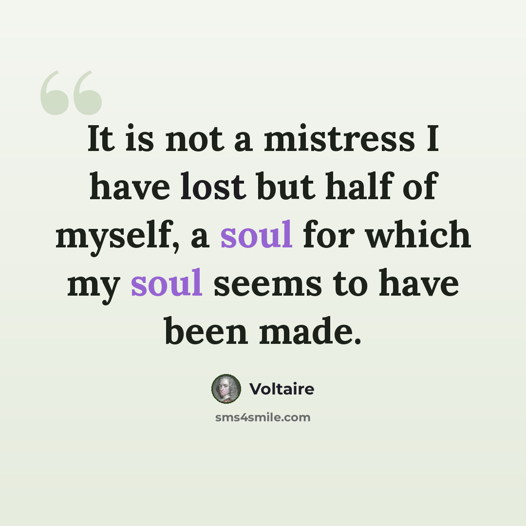 “It is not a mistress I have lost but half of myself, a soul for which my soul seems to have been made.” quote by Voltaire