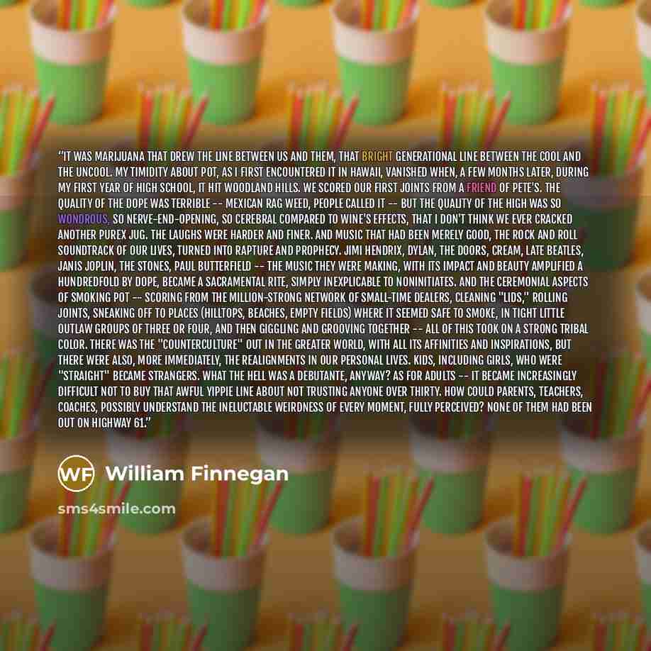 “It was marijuana that drew the line between us and them, that bright generational line between the cool and the uncool. My timidity about pot, as I first encountered it in Hawaii, vanished when, a few months later, during my first year of high school, it hit Woodland Hills. We scored our first…” quote by William Finnegan