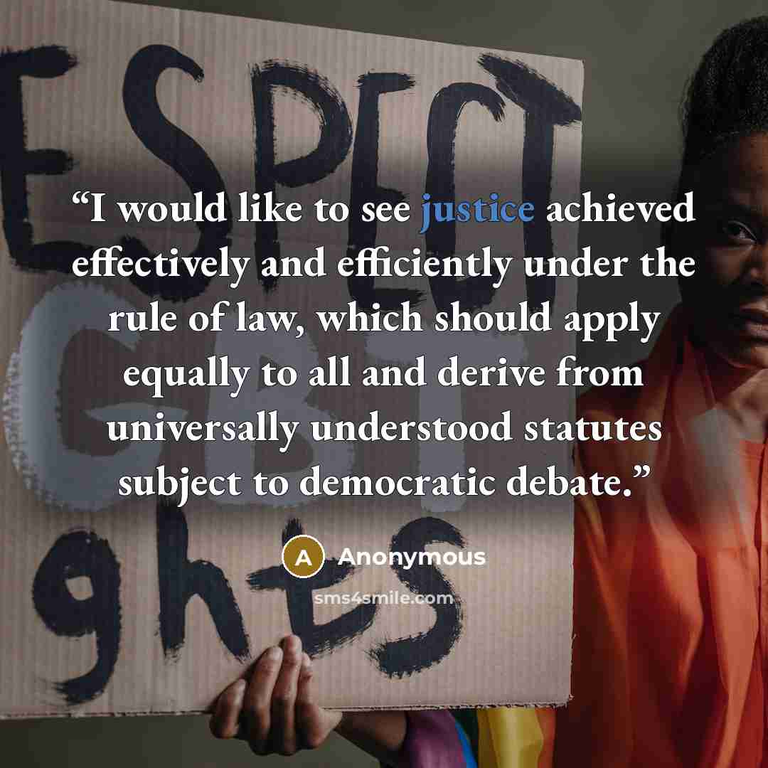“I would like to see justice achieved effectively and efficiently under the rule of law, which should apply equally to all and derive from universally understood statutes subject to democratic debate.” quote by Anonymous