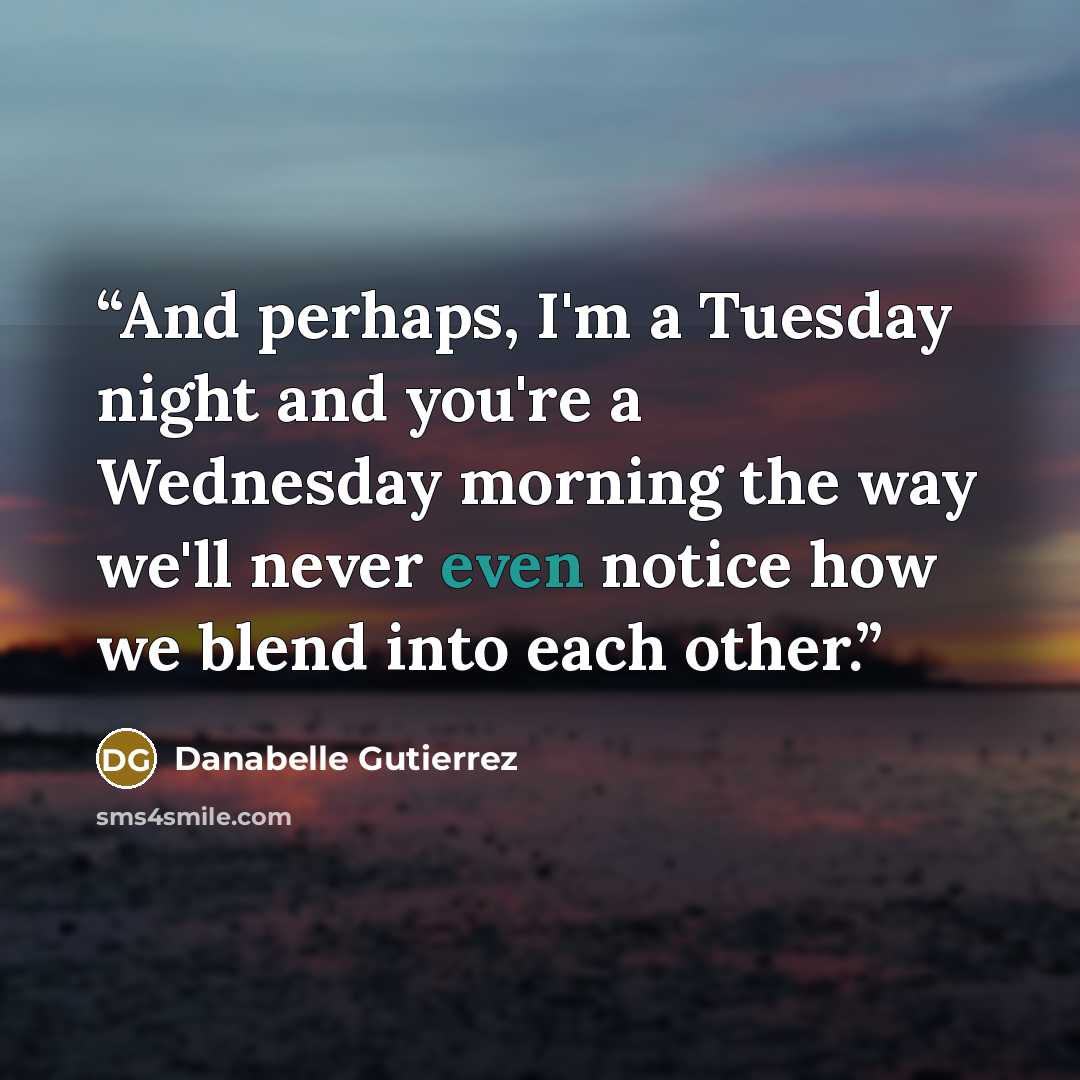 “And perhaps, I'm a Tuesday night and you're a Wednesday morning the way we'll never even notice how we blend into each other.” quote by Danabelle Gutierrez