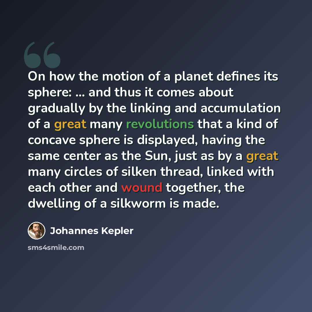 “On how the motion of a planet defines its sphere: ... and thus it comes about gradually by the linking and accumulation of a great many revolutions that a kind of concave sphere is displayed, having the same center as the Sun, just as by a great many circles of silken thread, linked with each…” quote by Johannes Kepler