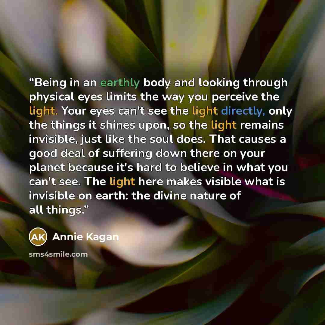 “Being in an earthly body and looking through physical eyes limits the way you perceive the light. Your eyes can't see the light directly, only the things it shines upon, so the light remains invisible, just like the soul does. That causes a good deal of suffering down there on your planet because…” quote by Annie Kagan