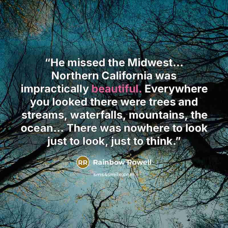 “He missed the Midwest... Northern California was impractically beautiful. Everywhere you looked there were trees and streams, waterfalls, mountains, the ocean... There was nowhere to look just to look, just to think.” quote by Rainbow Rowell