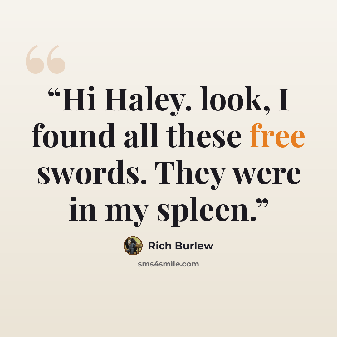 “Hi Haley. look, I found all these free swords. They were in my spleen.” quote by Rich Burlew