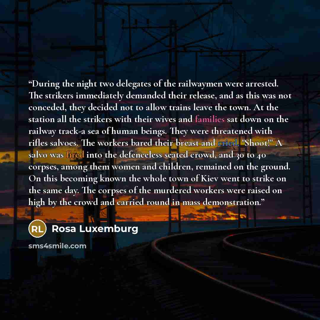 “During the night two delegates of the railwaymen were arrested. The strikers immediately demanded their release, and as this was not conceded, they decided not to allow trains leave the town. At the station all the strikers with their wives and families sat down on the railway track-a sea of human…” quote by Rosa Luxemburg