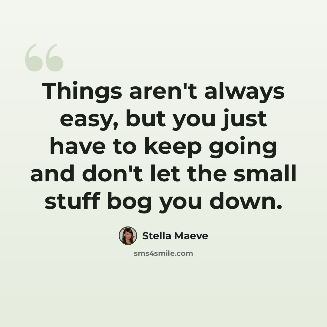 “Things aren't always easy, but you just have to keep going and don't let the small stuff bog you down.” quote by Stella Maeve