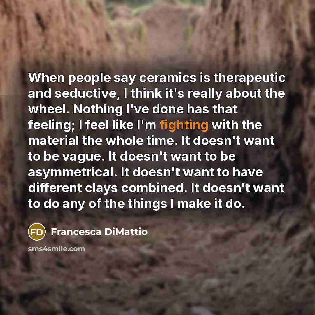 “When people say ceramics is therapeutic and seductive, I think it's really about the wheel. Nothing I've done has that feeling; I feel like I'm fighting with the material the whole time. It doesn't want to be vague. It doesn't want to be asymmetrical. It doesn't want to have different clays…” quote by Francesca DiMattio