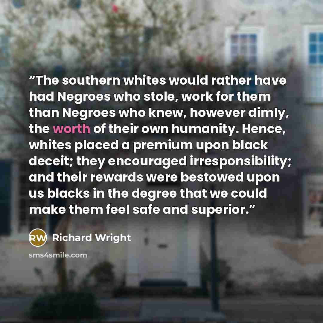 “The southern whites would rather have had Negroes who stole, work for them than Negroes who knew, however dimly, the worth of their own humanity. Hence, whites placed a premium upon black deceit; they encouraged irresponsibility; and their rewards were bestowed upon us blacks in the degree that we…” quote by Richard Wright