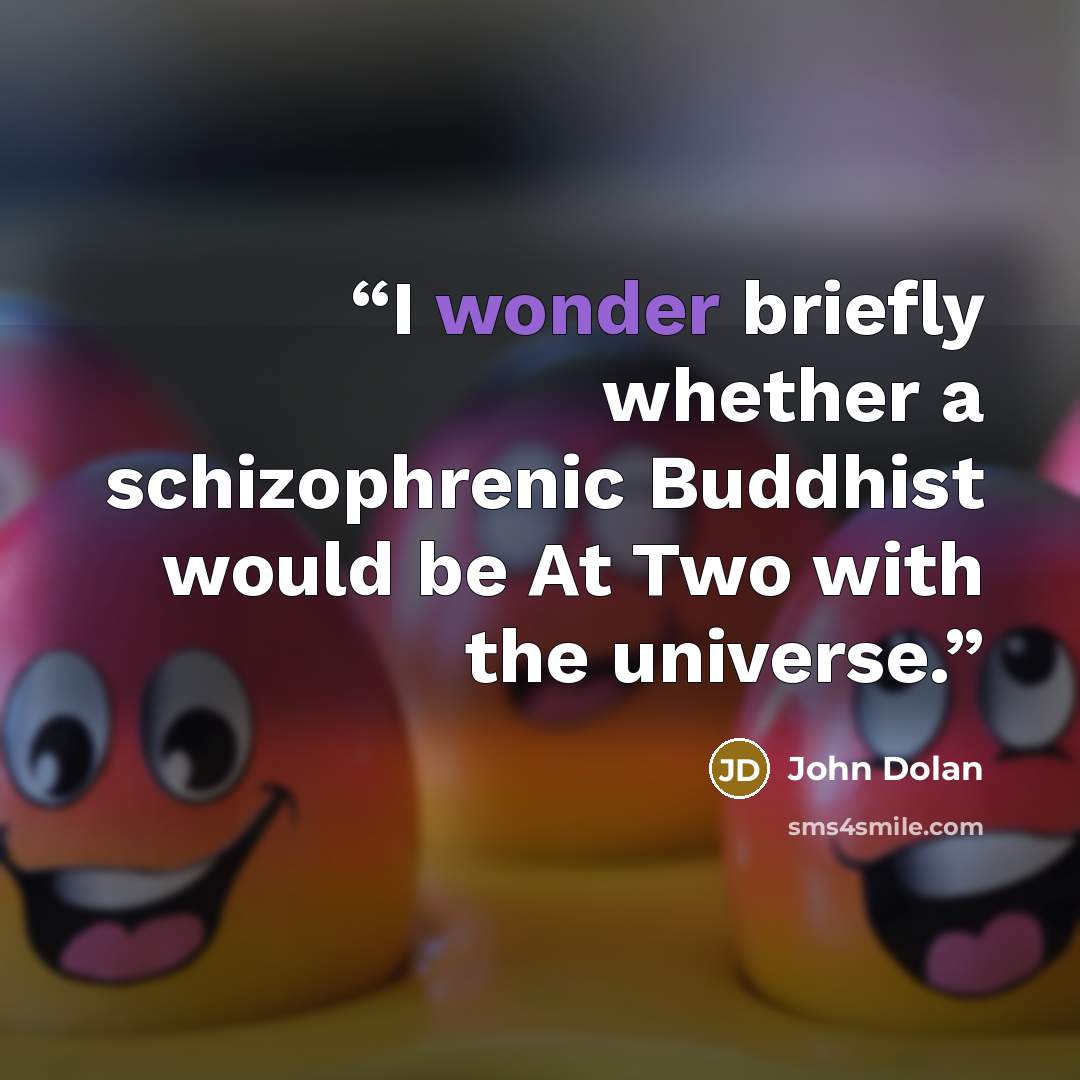 “I wonder briefly whether a schizophrenic Buddhist would be At Two with the universe.” quote by John Dolan