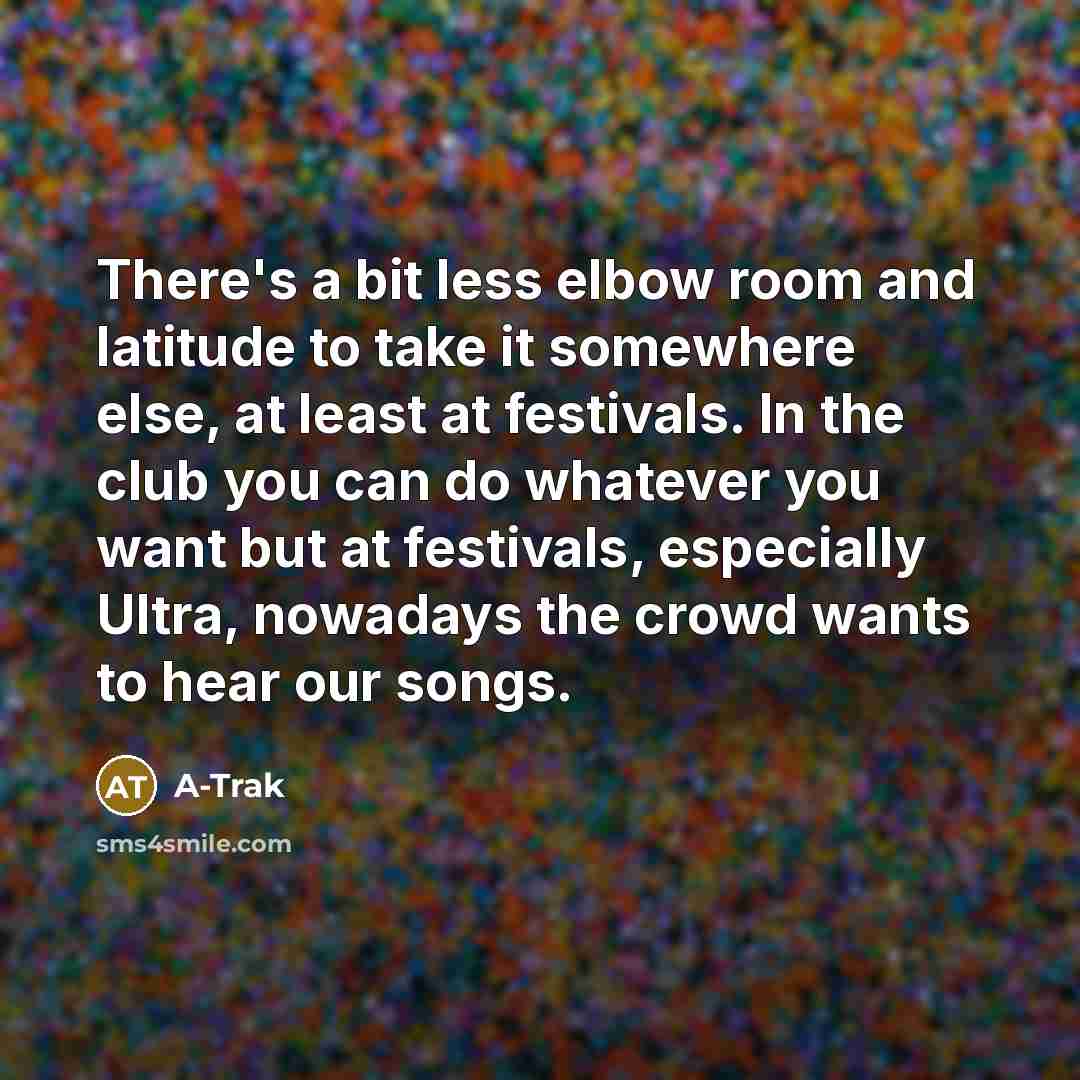 “There's a bit less elbow room and latitude to take it somewhere else, at least at festivals. In the club you can do whatever you want but at festivals, especially Ultra, nowadays the crowd wants to hear our songs.” quote by A-Trak