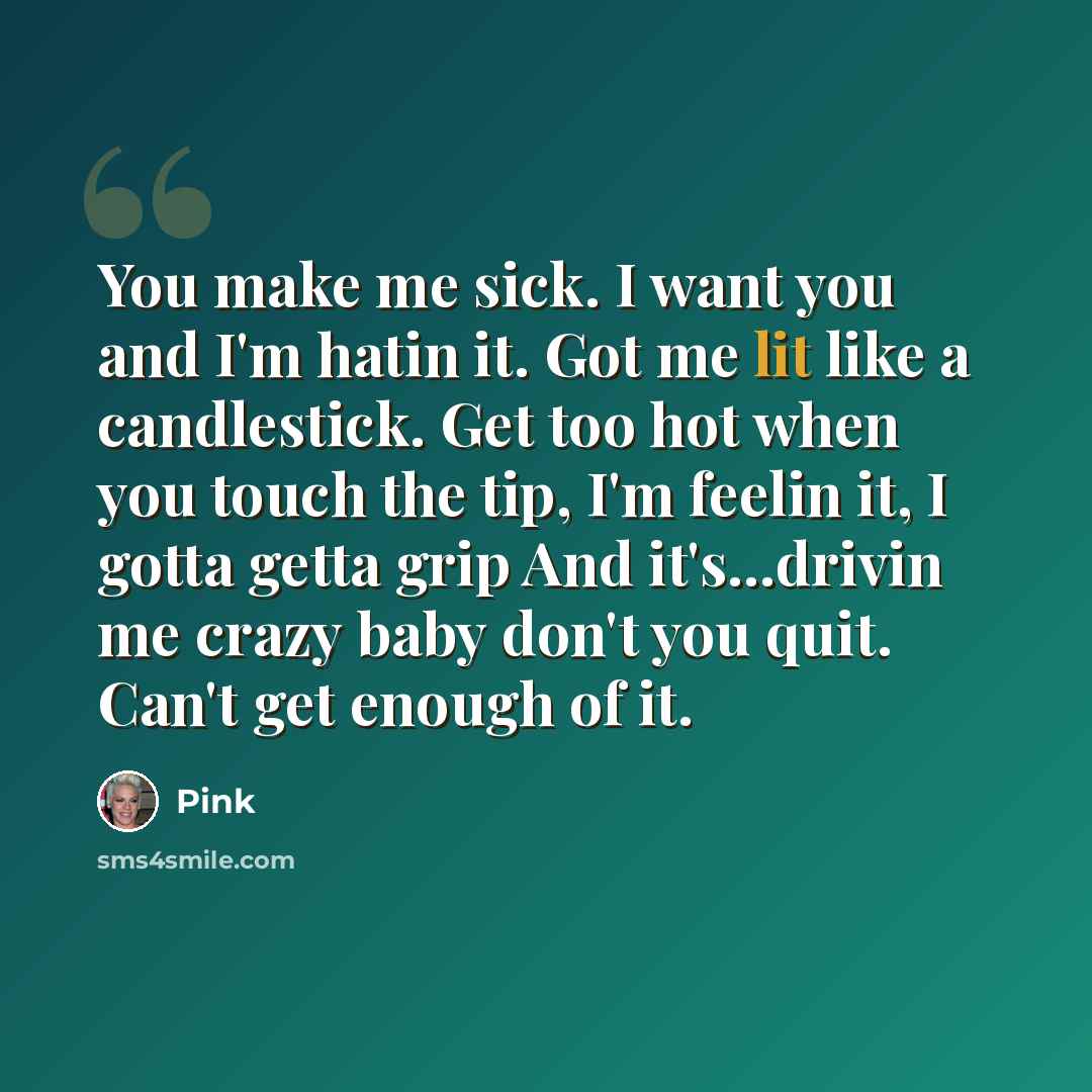 “You make me sick. I want you and I'm hatin it. Got me lit like a candlestick. Get too hot when you touch the tip, I'm feelin it, I gotta getta grip And it's...drivin me crazy baby don't you quit. Can't get enough of it.” quote by Pink