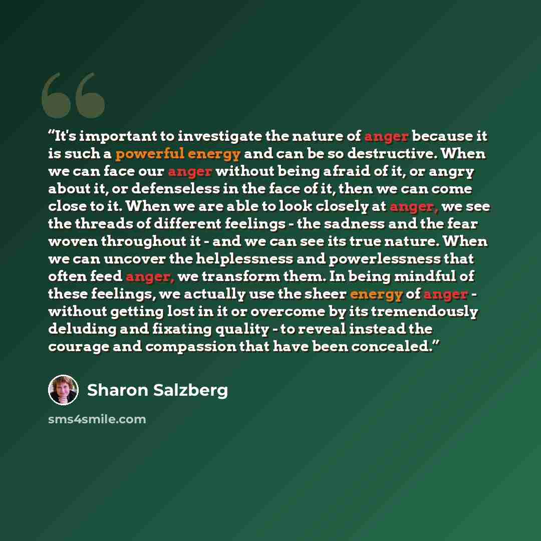 “It's important to investigate the nature of anger because it is such a powerful energy and can be so destructive. When we can face our anger without being afraid of it, or angry about it, or defenseless in the face of it, then we can come close to it. When we are able to look closely at anger, we…” quote by Sharon Salzberg