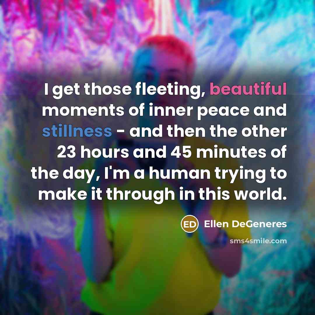“I get those fleeting, beautiful moments of inner peace and stillness - and then the other 23 hours and 45 minutes of the day, I'm a human trying to make it through in this world.” quote by Ellen DeGeneres