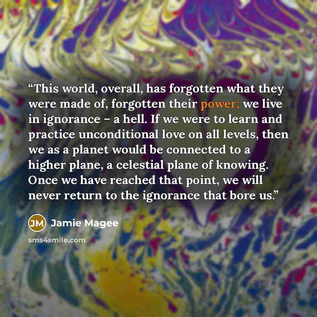 “This world, overall, has forgotten what they were made of, forgotten their power; we live in ignorance – a hell. If we were to learn and practice unconditional love on all levels, then we as a planet would be connected to a higher plane, a celestial plane of knowing. Once we have reached that…” quote by Jamie Magee