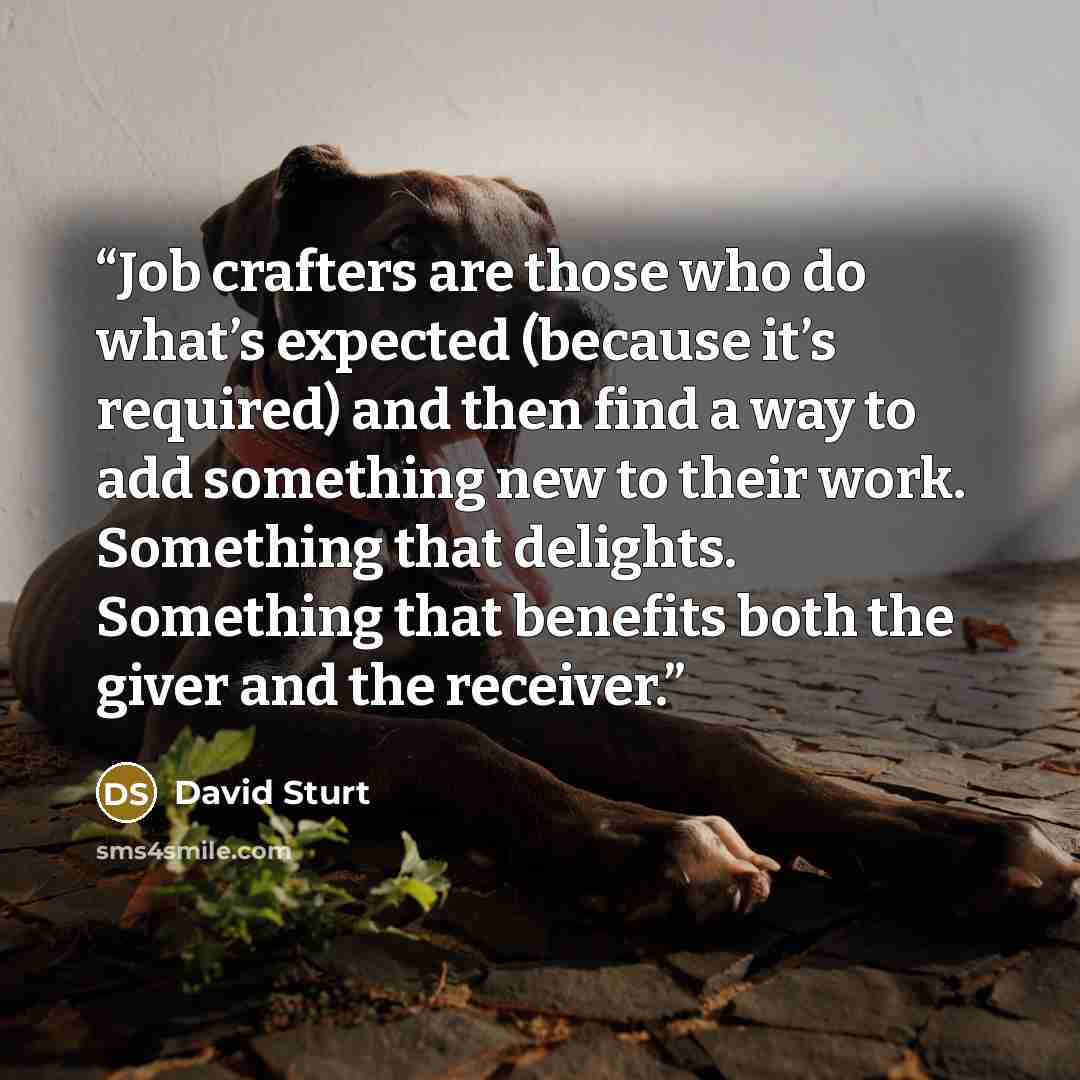 “Job crafters are those who do what’s expected (because it’s required) and then find a way to add something new to their work. Something that delights. Something that benefits both the giver and the receiver.” quote by David Sturt