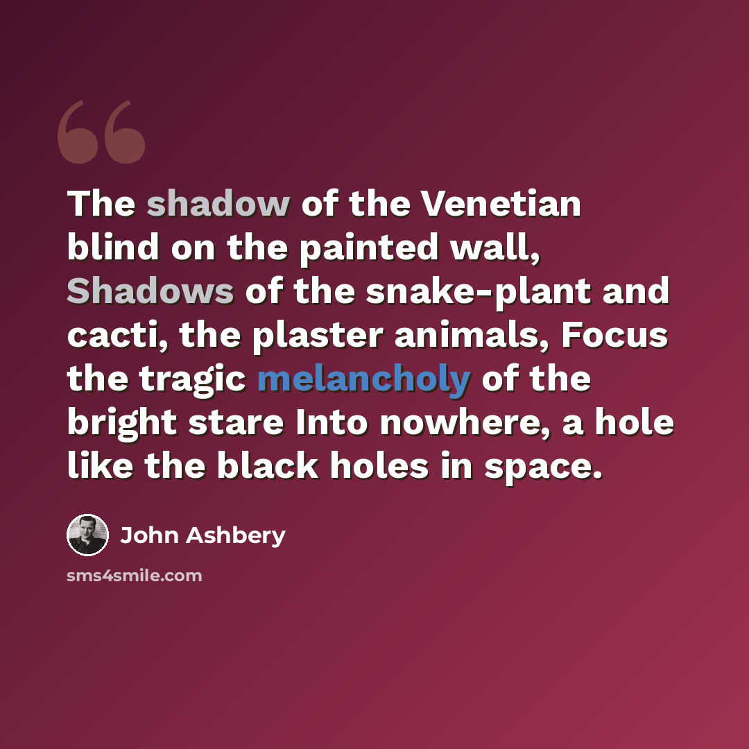 “The shadow of the Venetian blind on the painted wall, Shadows of the snake-plant and cacti, the plaster animals, Focus the tragic melancholy of the bright stare Into nowhere, a hole like the black holes in space.” quote by John Ashbery