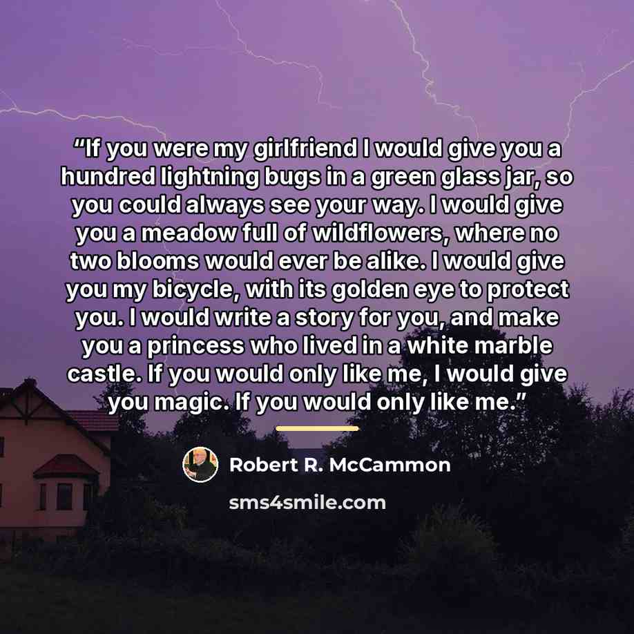 “If you were my girlfriend I would give you a hundred lightning bugs in a green glass jar, so you could always see your way. I would give you a meadow full of wildflowers, where no two blooms would ever be alike. I would give you my bicycle, with its golden eye to protect you. I would write a story…” quote by Robert R. McCammon