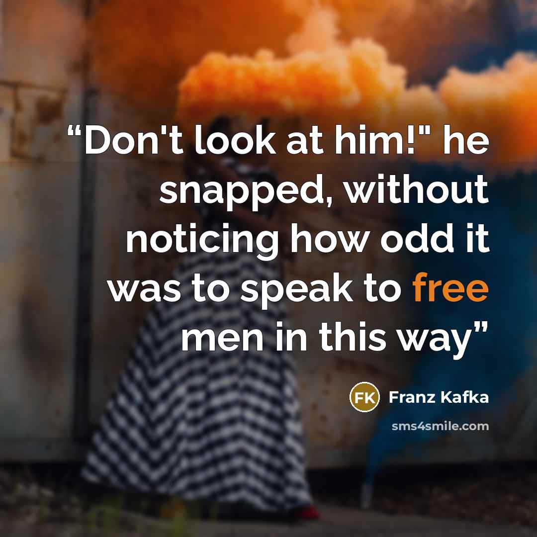 “Don't look at him!" he snapped, without noticing how odd it was to speak to free men in this way” quote by Franz Kafka