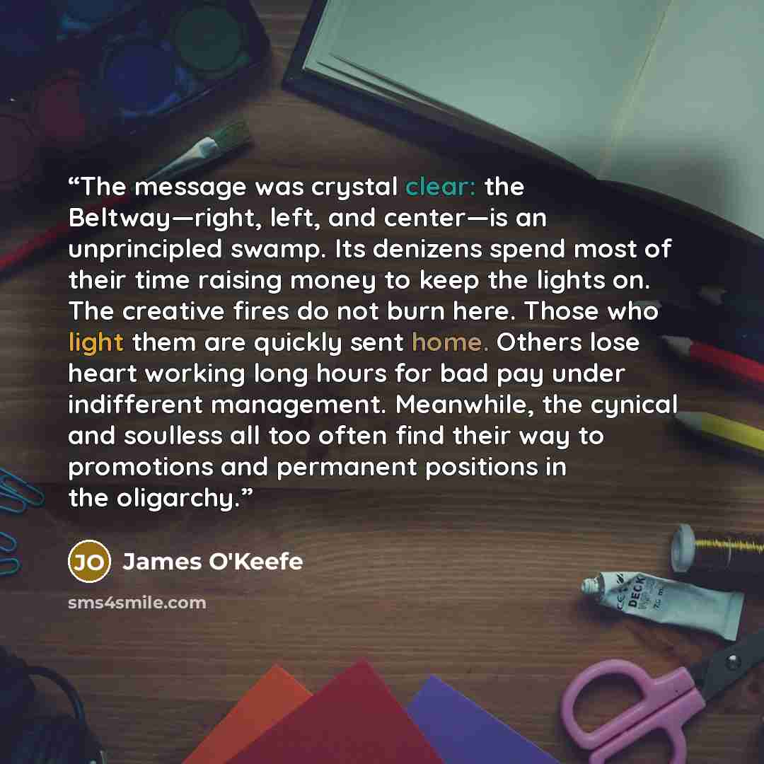 “The message was crystal clear: the Beltway—right, left, and center—is an unprincipled swamp. Its denizens spend most of their time raising money to keep the lights on. The creative fires do not burn here. Those who light them are quickly sent home. Others lose heart working long hours for bad pay…” quote by James O'Keefe