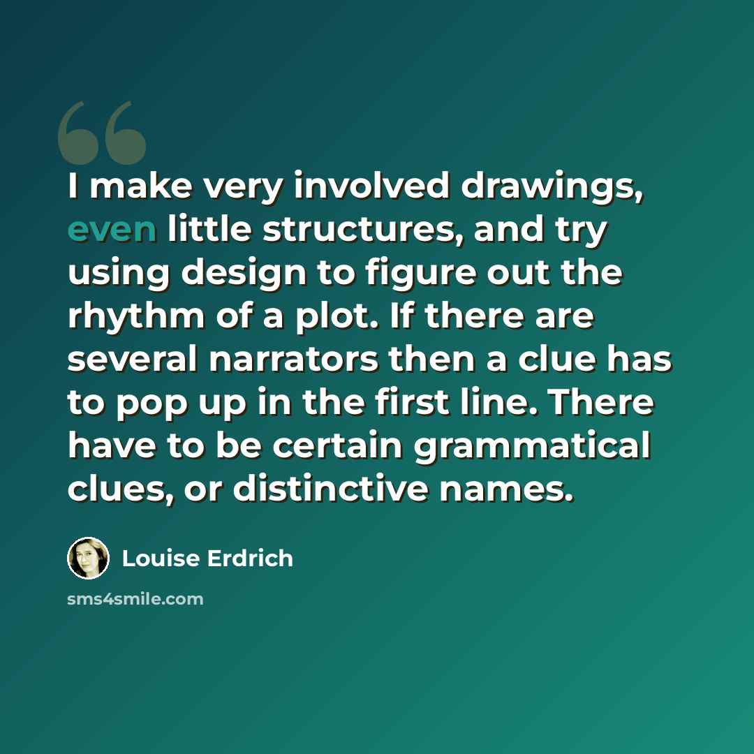 “I make very involved drawings, even little structures, and try using design to figure out the rhythm of a plot. If there are several narrators then a clue has to pop up in the first line. There have to be certain grammatical clues, or distinctive names.” quote by Louise Erdrich
