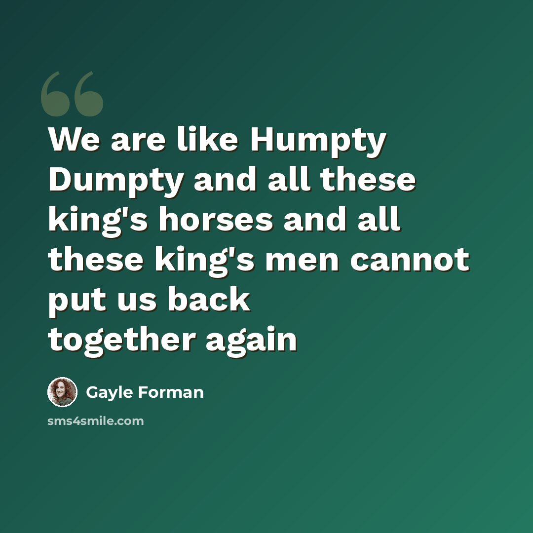 “We are like Humpty Dumpty and all these king's horses and all these king's men cannot put us back together again” quote by Gayle Forman